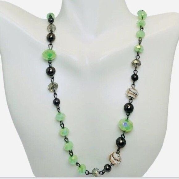 Vintage Lime Green Faceted Glass Sparkly Beaded Gunmetal Station Necklace 40” - Picture 1 of 8